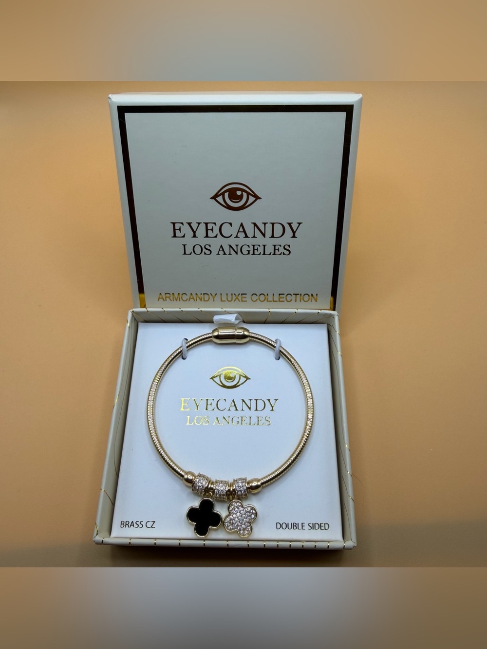 EYECANDY Los Angeles Gold Bracelet with Black Clover & Crystal Charm